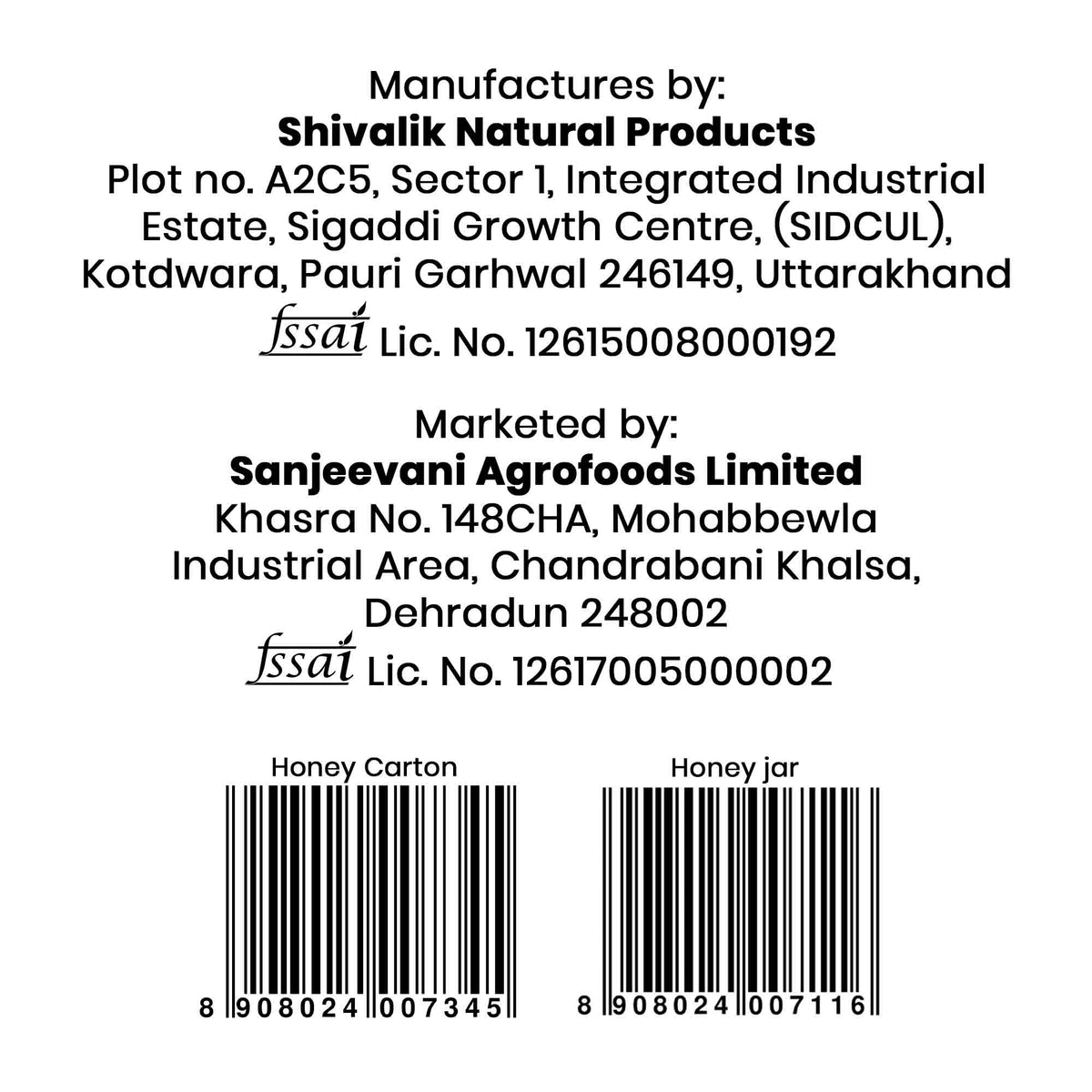Barsana Magic and Product label with Shivalik Natural Products and Sanjeevani Agrofoods Limited contact information and barcodes.