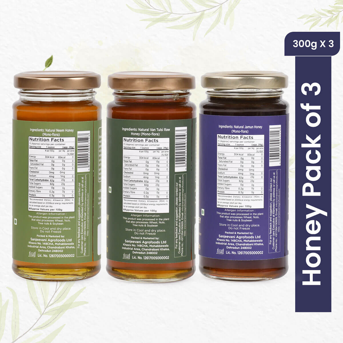 Trio of natural honey jars featuring Neem, Van Tulsi, and Jamun variants, showcasing golden hues and pure, raw textures.