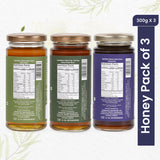 Trio of natural honey jars featuring Neem, Van Tulsi, and Jamun variants, showcasing golden hues and pure, raw textures.