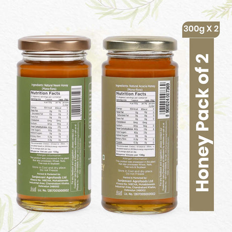 Pure Neem and Acacia Honey duo from Sanjeevani Organics, showcasing two golden jars of natural, chemical-free sweetness.