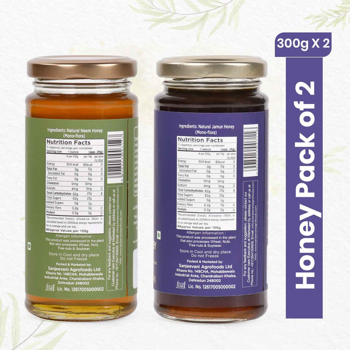Two jars of Sanjeevani Organics honey, featuring golden Jamun Honey with a tangy note and amber Neem Honey with a mild bitter touch.