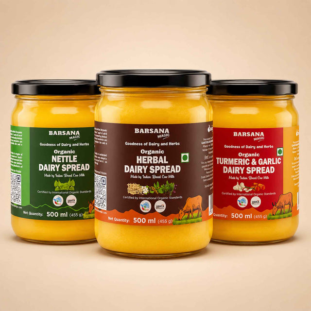 Barsana Magic and Three glass jars of Barsana Dairy Spread arranged together on a warm beige background. The center jar is labeled Organic Herbal Dairy Spread with a dark brown label, flanked by Organic Nettle Dairy Spread in green and Organic Turmeric & Garlic Dairy Spread in red.