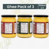Pure pack of 3 Organic A2 Badri, Cow, and Bilona Ghee jars, showcasing golden, rich textures of traditional Indian ghee.