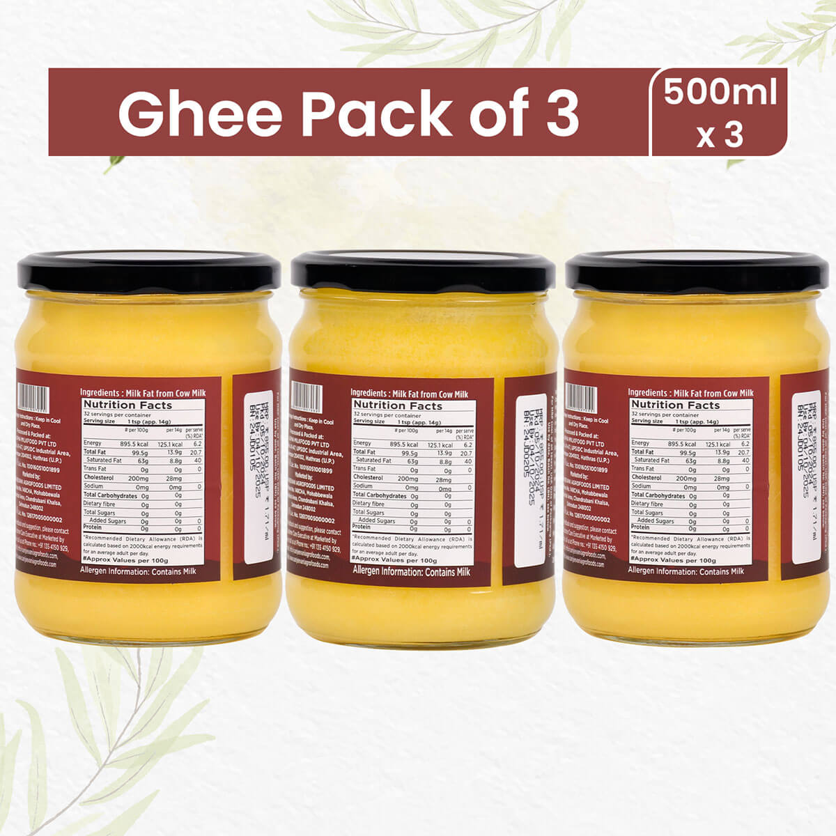 Pure Organic Cow Ghee and Bilona Cow Ghee combo pack, showcasing three jars of golden, rich ghee made from grass-fed cow milk.