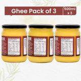 Pure Organic Cow Ghee and Bilona Cow Ghee combo pack, showcasing three jars of golden, rich ghee made from grass-fed cow milk.