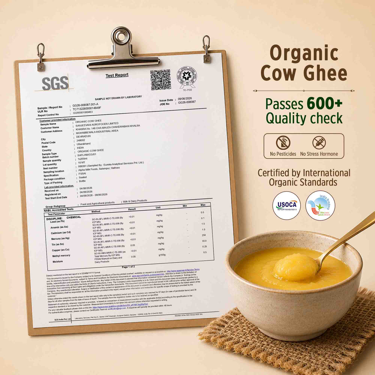 Barsana Magic and A bowl of yellow organic cow ghee with a spoon on a woven mat, next to a clipboard showing an SGS test report and marketing text that says it passes 600+ quality checks and is certified by USOCA.