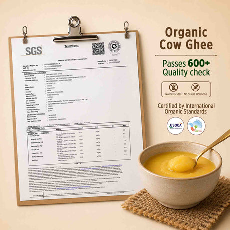 Barsana Magic and A bowl of yellow organic cow ghee with a spoon on a woven mat, next to a clipboard showing an SGS test report and marketing text that says it passes 600+ quality checks and is certified by USOCA.