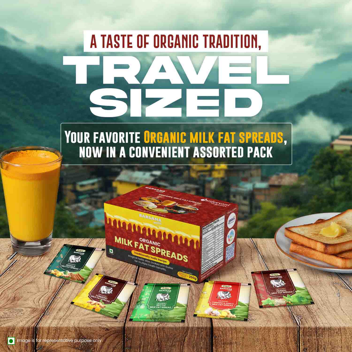 Barsana Magic Assorted organic milk fat spreads packaging with a scenic background