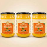 Barsana Magic and Three 500ml glass jars of Baisana Organic Turmeric Cow Ghee arranged side by side against a light beige background.