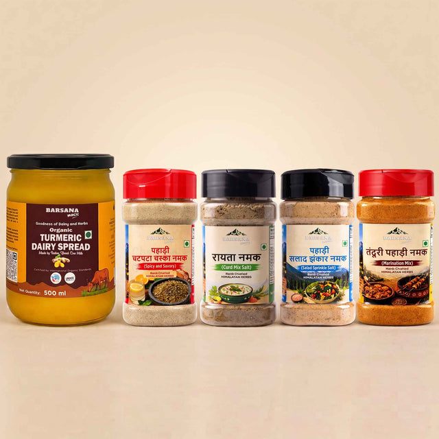 Barsana Magic and Five packaged food products arranged on a beige surface against a warm beige background: a large jar of BARSANA Turmeric Dairy Spread on the left, followed by four smaller mountain-style spice or seasoning jars with red, white, black, and red lids. No people or real environment are present, so this is Product/Packaging.