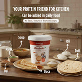 Barsana Magic and Bar Sansa Everyday Protein Mix container on a kitchen counter with various Indian dishes.