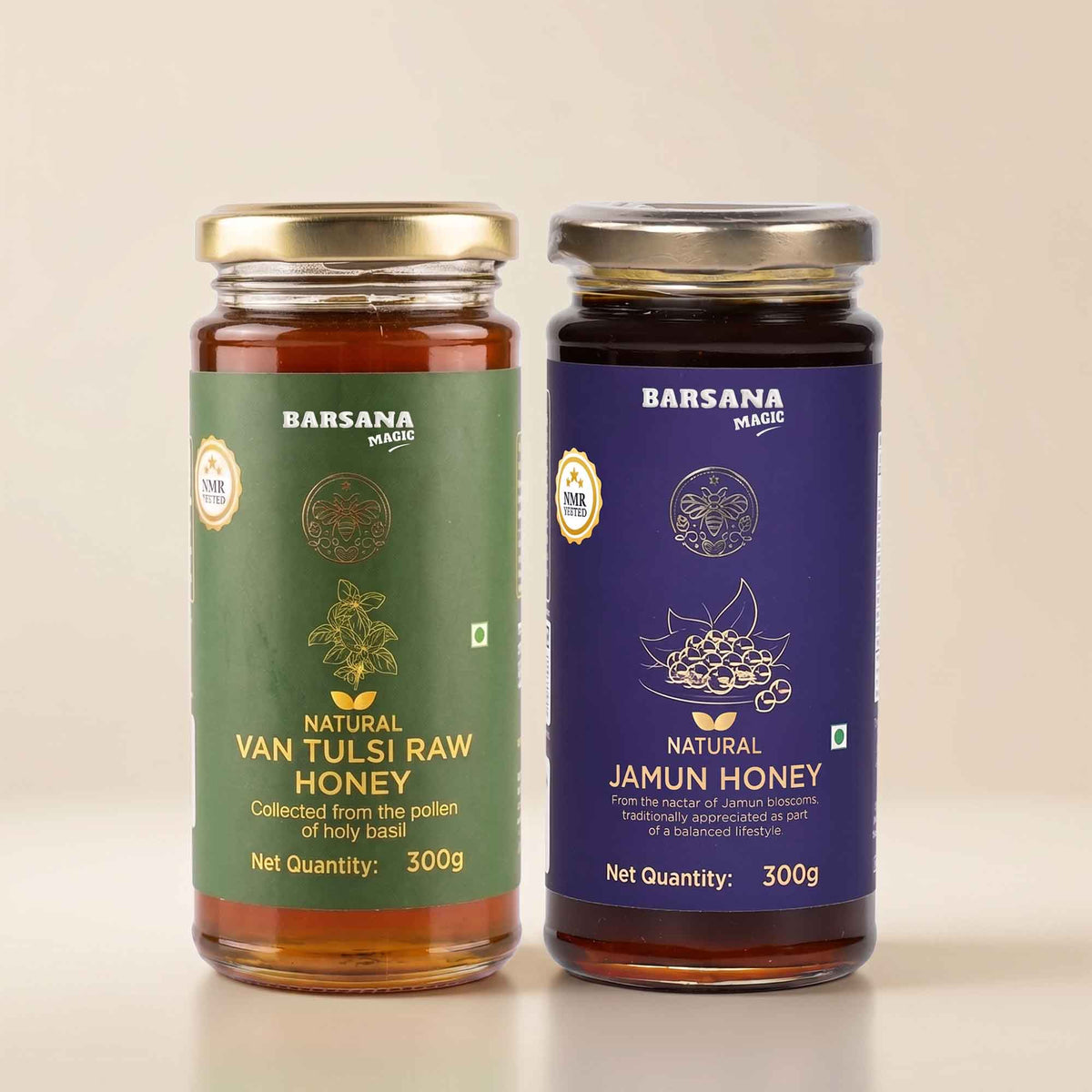 Barsana Magic and Two glass jars of Barsana Mashte honey on a light beige background. The left jar is labeled 'Natural Van Tulsi Raw Honey' with a green label and gold lid.