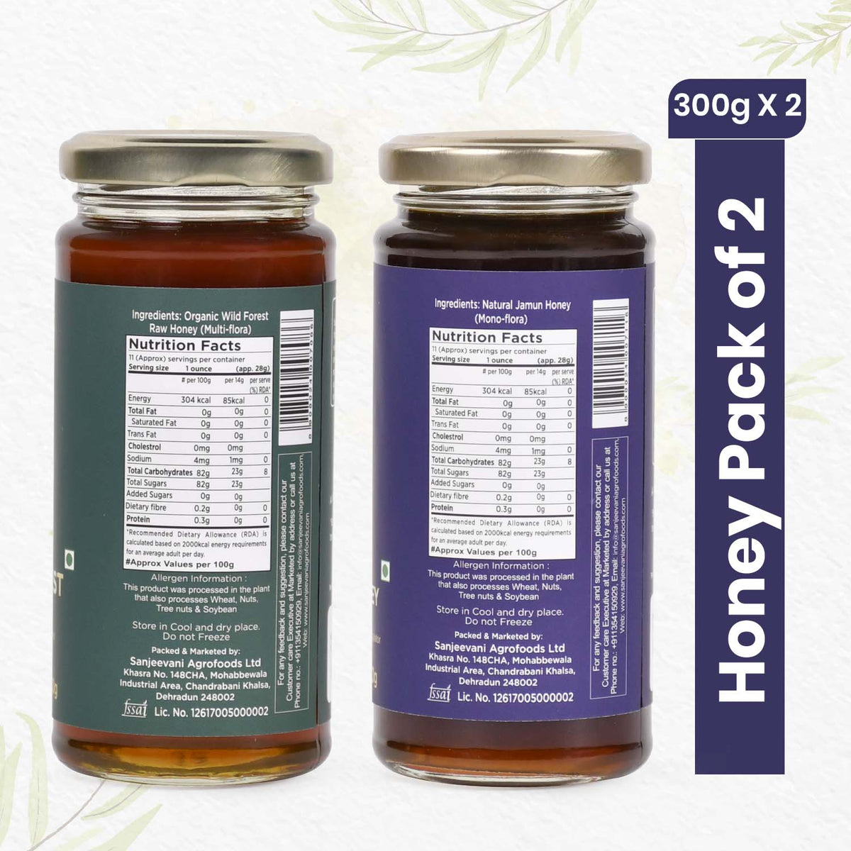 Two jars of Organic Wild Forest Honey and Natural Jamun Honey, showcasing pure, golden sweetness from India's forests.