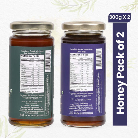 Two jars of Organic Wild Forest Honey and Natural Jamun Honey, showcasing pure, golden sweetness from India's forests.