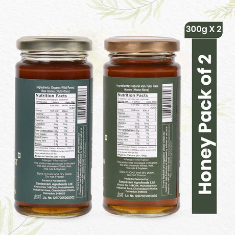 Two jars of Sanjeevani Organics Honey Combo Pack, featuring golden Organic Wild Forest Honey and aromatic Van Tulsi Honey.
