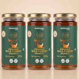 Barsana Magic and Three glass jars of Barsana Organic Wild Forest Honey with gold lids and dark green labels, arranged side by side on a light beige background.